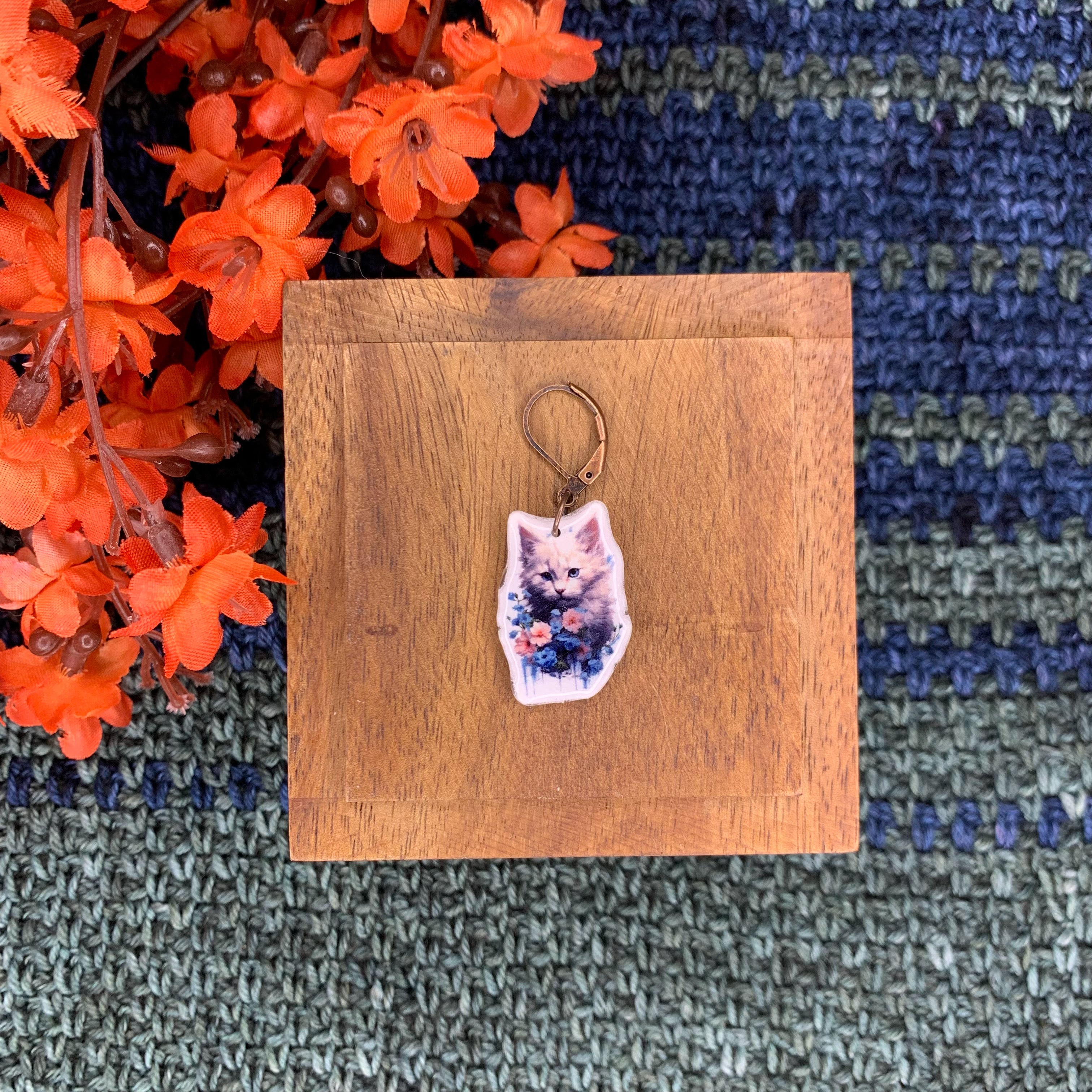 Blue and White Cat Stitch Marker